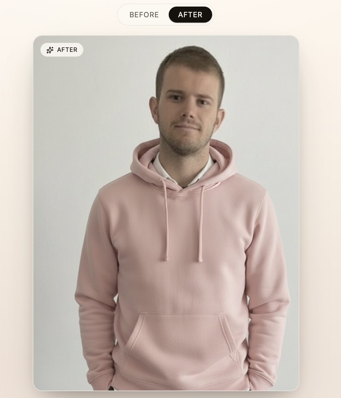 White suit → pink hoodie